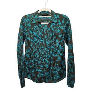 Eddie Bauer Olive Green Teal Long Sleeve Pintuck‎ Pleated Button Down Women's XS